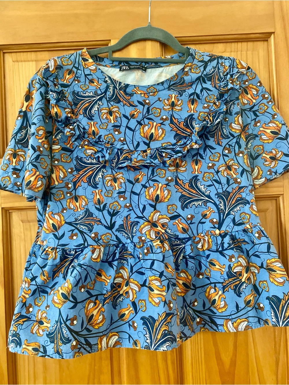 Zara Trafaluc Mixed Media Floral Peplum Top Blue Boho Babydoll Medium